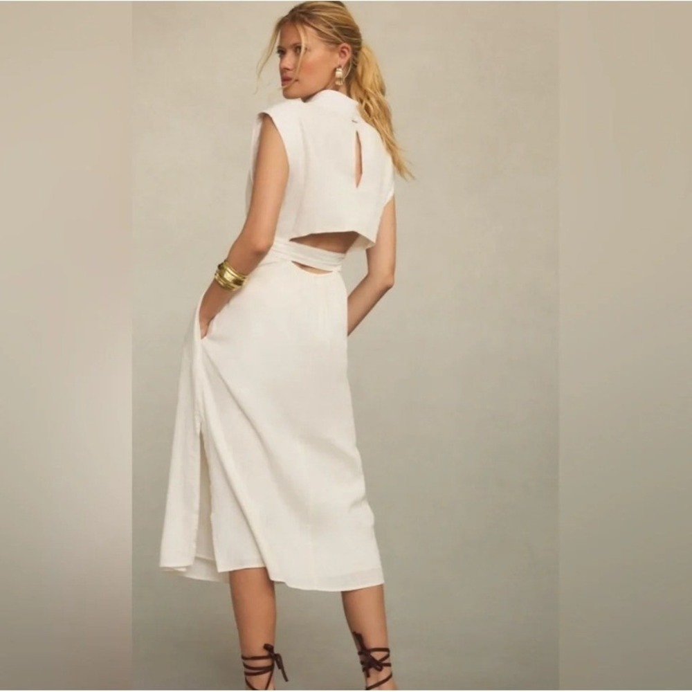 Porridge Anthropologie Linen Modern Belted Column Midi Dress High Neck Cutout XS